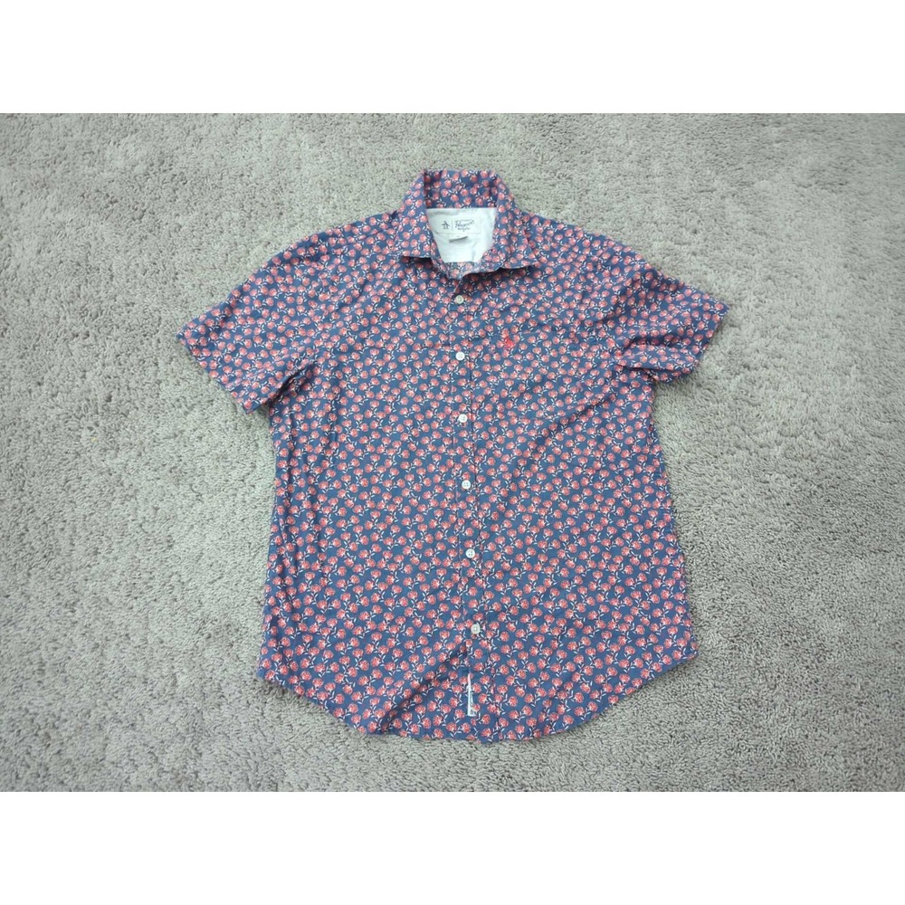 Penguin Munsingwear Button Up Shirt Mens M Blue Floral Short Sleeve Pocket